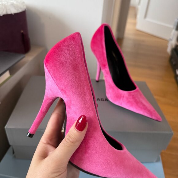 NWT Balenciaga Knife 100mm Pointed Toe Pumps Bright Pink Velvet Stilettos Sz 35 - Picture 4 of 9